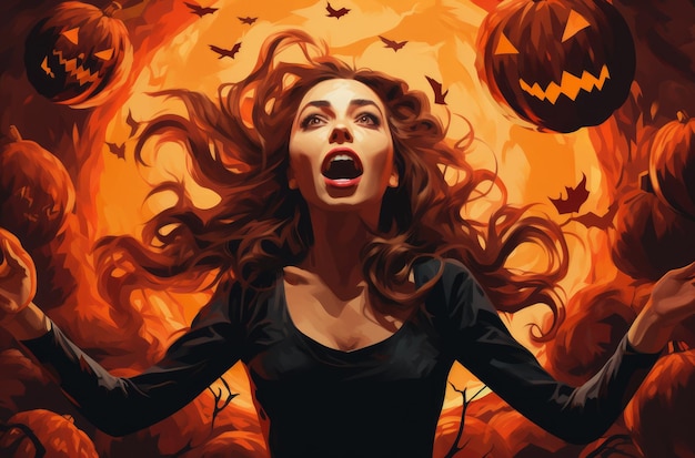 Kobieta Halloween trzyma dynię na rękach Obraz koncepcyjny Halloween