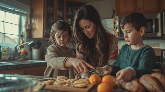 Zdjęcie kobieta i dwoje dzieci przygotowują jedzenie w kuchni na dzień matki