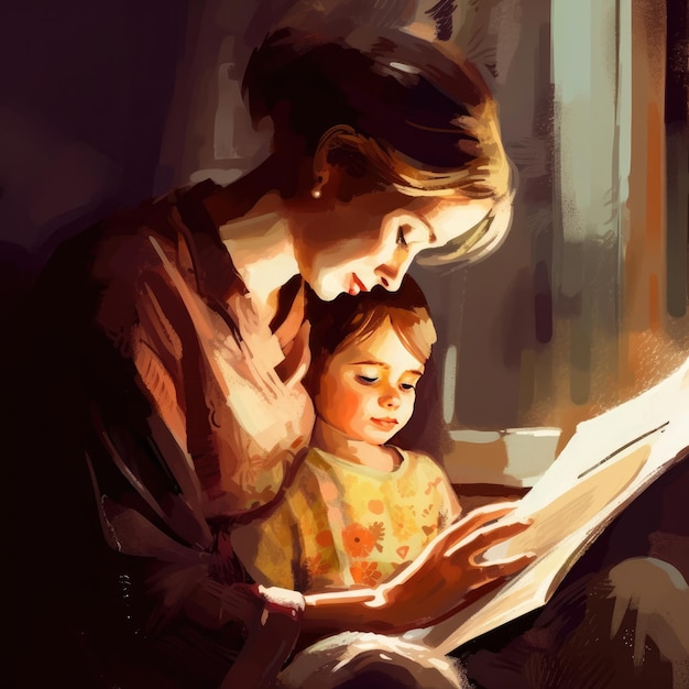 Kobieta i dziecko czytają razem książkę.