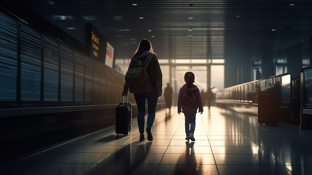 Kobieta i dziecko idą przez lotnisko z walizką