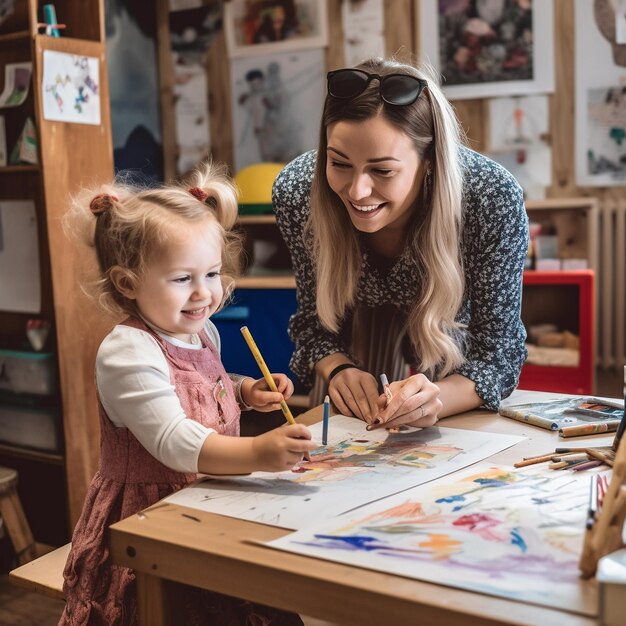 kobieta i dziecko malują w pracowni artystycznej