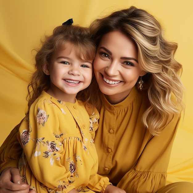 kobieta i dziecko pozują na zdjęcie z żółtym tłem