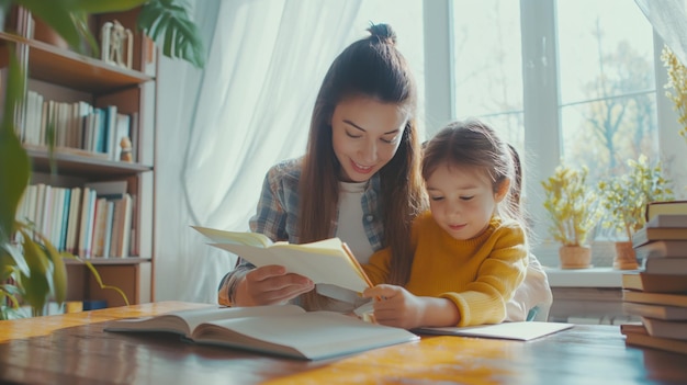 Kobieta i dziecko siedzą i robią zadanie domowe przy stole w jasnym pokoju