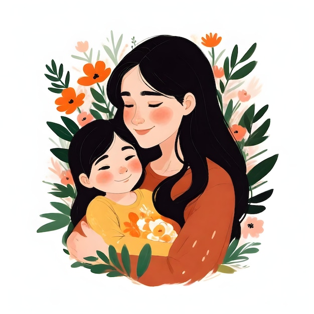 Kobieta i dziecko siedzą w ogrodzie z kwiatami.
