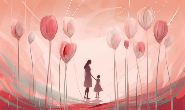 Kobieta i dziecko spacerują po polu kwiatów.