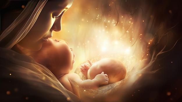 Kobieta i dziecko trzymają podświetlony wizerunek kobiety i napis „macierzyństwo”