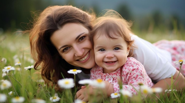 Kobieta i dziecko uśmiechają się na polu margarit