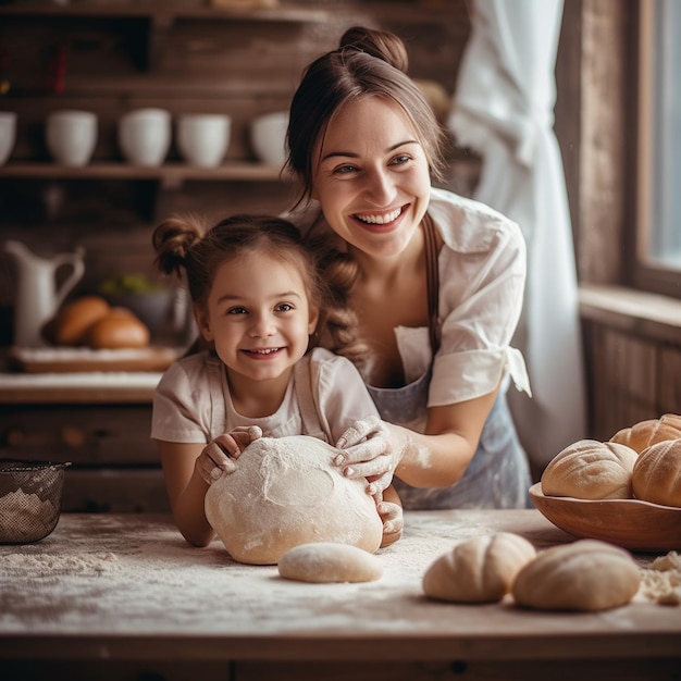 kobieta i dziecko uśmiechają się przed stołem z chlebem
