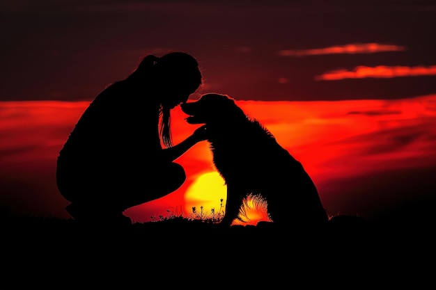 Kobieta i jej pies siedzą na ziemi i patrzą na słońce.