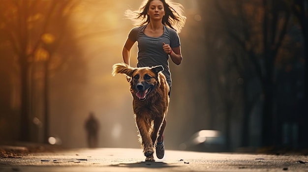 Kobieta i jej pies w ruchu, biegną w środku, a pies biegnie obok. To przekazuje energię i witalność ich treningu.