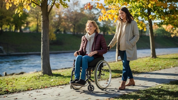 Kobieta i jej przyjaciel na wózku inwalidzkim spacerują po parku przy rzece, ciesząc się jesienią
