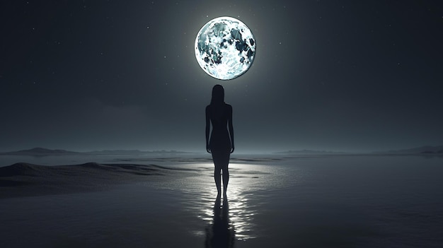 Kobieta i księżyc w pełni na pustynigeneratywne ai