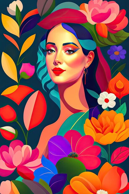 Kobieta i kwiatowe elementy kolorowe ai generatywna ilustracja artystyczna