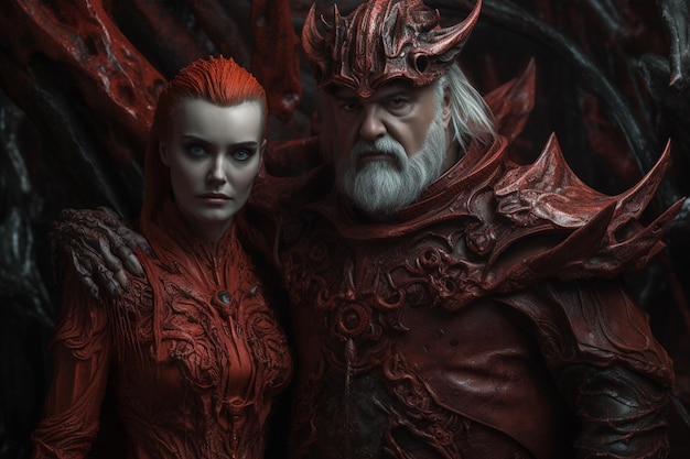 Kobieta i mężczyzna pozują w ciemnym pokoju z czerwonymi skrzydłami diabła i czerwonym demonem po lewej stronie.