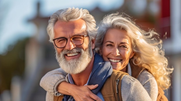 Kobieta i mężczyzna spędzają razem emeryturę na łonie natury, uśmiechając się i korzystając z generatywnej sztucznej inteligencji