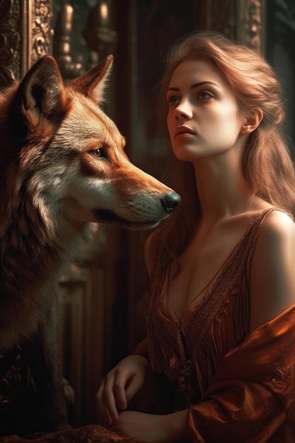Kobieta i wilk stoją na ciemnym tle.