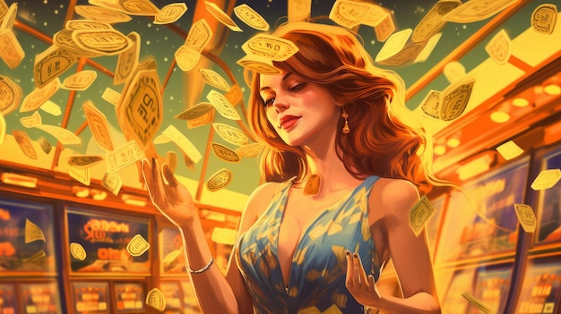 Kobieta i złoty deszcz z wygranej w kasynie.