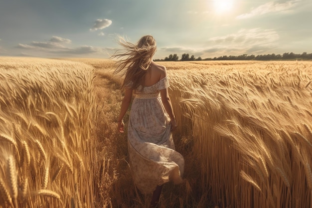 Kobieta idąca przez pole pszenicy ze słońcem świecącym na jej sukienkę