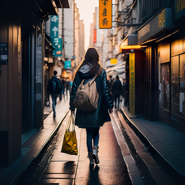Kobieta idąca ulicą z żółtym napisem „makaron”.