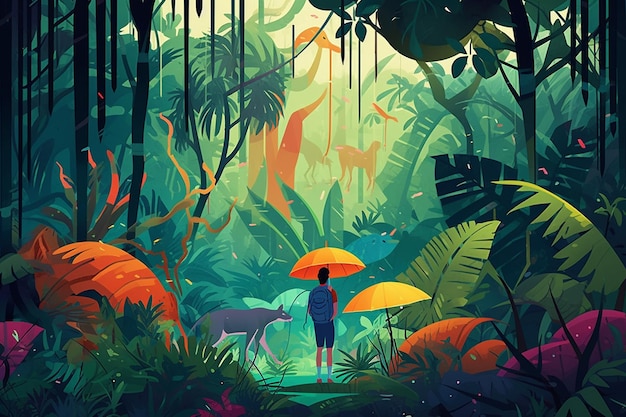 Kobieta idąca w lesie deszczowym z mgłą i światłem słonecznym 3d rendering