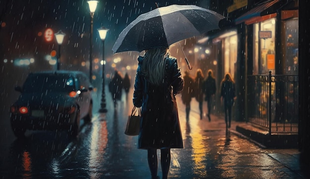 Kobieta idzie deszczową ulicą w deszczu z parasolem.