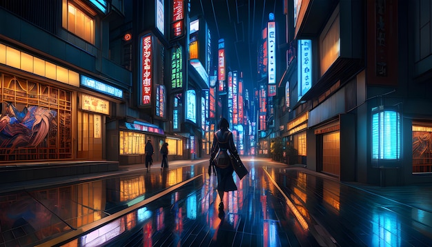 Kobieta idzie deszczową ulicą w futurystycznym mieście z neonami.