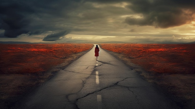 Kobieta idzie drogą z pochmurnym niebem w tle.