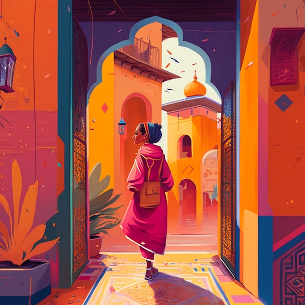 Zdjęcie kobieta idzie korytarzem w kolorowym budynku generatywnym ai