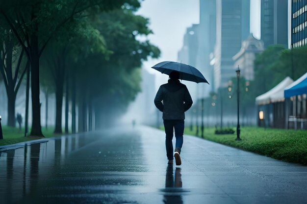 kobieta idzie mokrym chodnikiem z parasolem w deszczu.