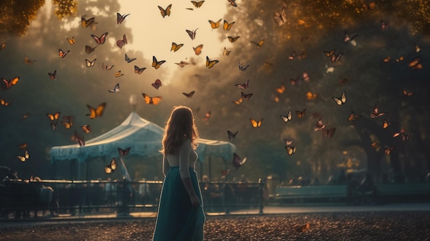 Kobieta idzie przez park, a wokół niej latają motyle.