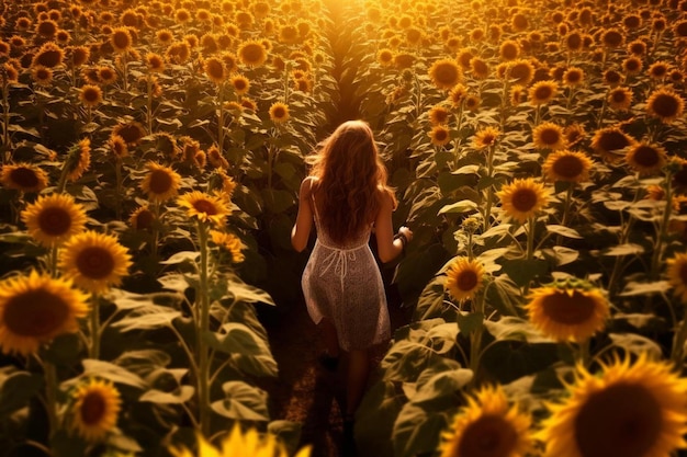 kobieta idzie przez pole słoneczników.