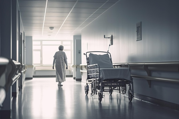 Zdjęcie kobieta idzie szpitalnym korytarzem z wózkiem inwalidzkim i szpitalnym łóżkiem.