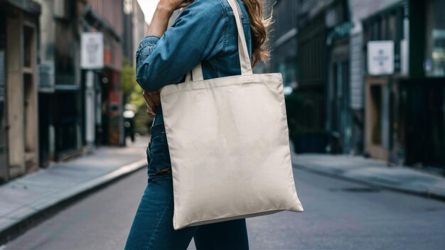 Zdjęcie kobieta idzie ulicą z torbą na ramieniu.