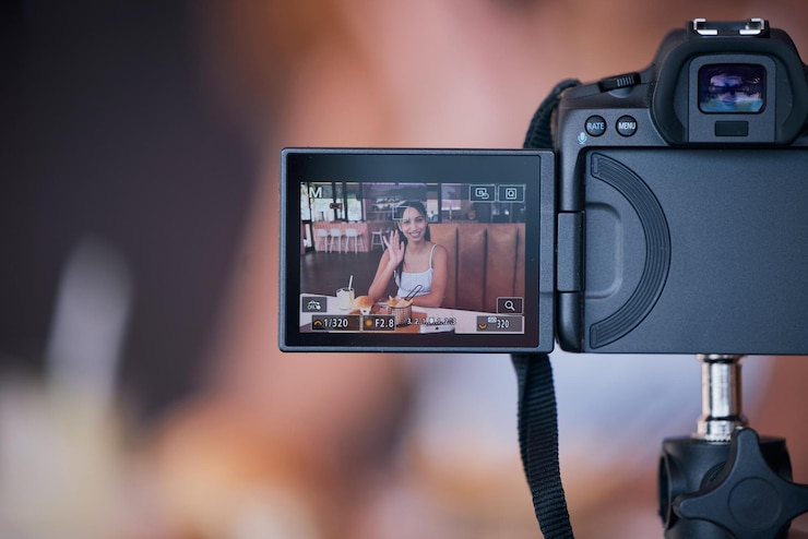 Zdjęcie kobieta influencer na vlogu nagrywającym ekran aparatu cyfrowego dla wideo online w mediach społecznościowych kreatywna młoda twórca treści kobiecych prezentująca treści internetowe lub internetowe na swojej stronie internetowej lub podcast w kawiarni