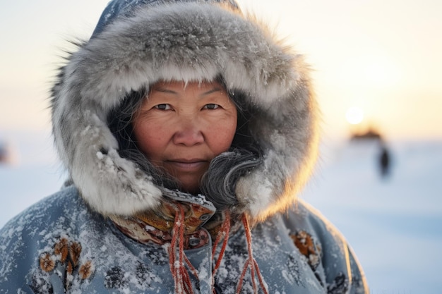 Kobieta Inuit z futrem z kapturem na śnieżnej Alasce