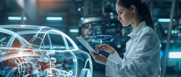 Zdjęcie kobieta inżynier motoryzacyjna używa tabletu z rozszerzoną rzeczywistością do edytowania i ulepszania projektów samochodów trójwymiarowa grafika służy do wizualizacji, jak w pełni rozwinięte prototypy są