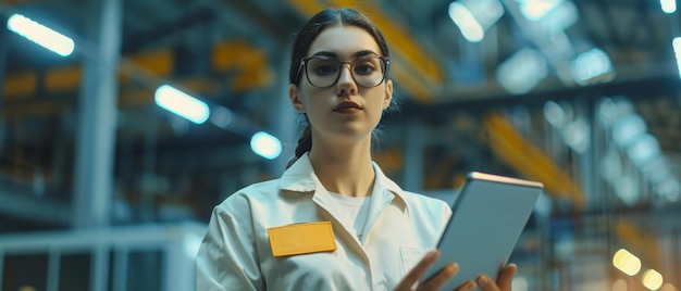 Zdjęcie kobieta inżynier przemysłowa używająca gestów, stojąc i trzymając cyfrowy tablet w nowoczesnym biurze fabrycznym skup się na rękach i tabletie