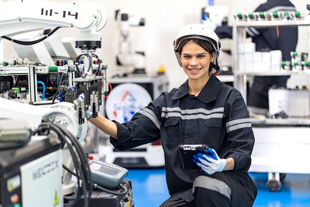 Kobieta inżynier sprawdza i kontroluje automatykę ramion robotów w inteligentnej fabryce przemysłowej w oprogramowaniu do monitorowania w czasie rzeczywistym robotyki i cyfrowej operacji produkcyjnej