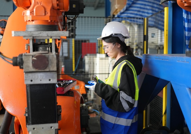 Kobieta inżynier sprawdza i kontroluje automatykę ramion robotów w inteligentnej fabryce przemysłowej w oprogramowaniu do monitorowania w czasie rzeczywistym robotyki i cyfrowej operacji produkcyjnej