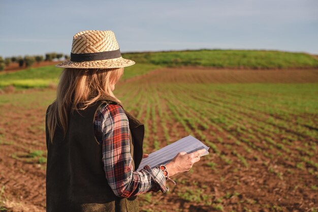 Kobieta inżynier terenowy badająca plantację rolniczą Integracja kobiet agronomów w terenie