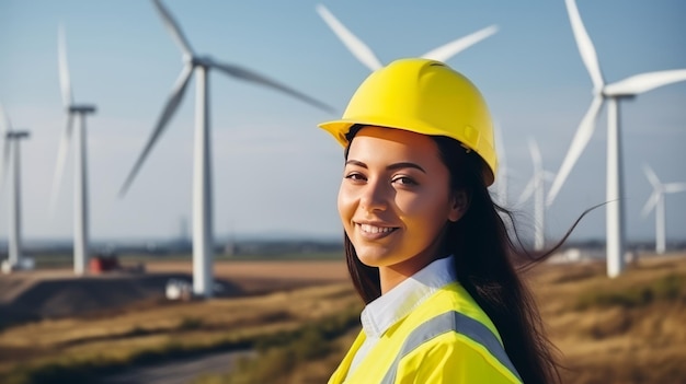 Kobieta inżynier w żółtym kasku w elektrowni wiatraków
