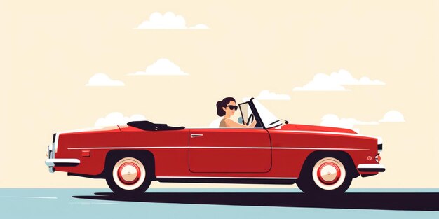 Zdjęcie kobieta jadąca czerwonym kabrioletem w słoneczny dzień nadaje się do podróży i transportu