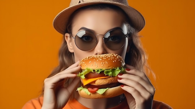 Zdjęcie kobieta jedząca hamburgera na czerwonym tle