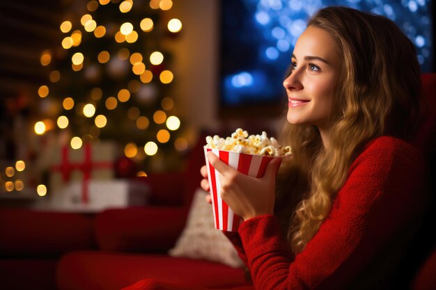 Kobieta jedząca popcorn na Boże Narodzenie