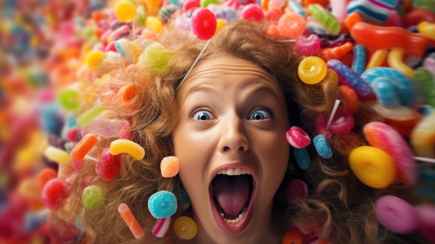 Zdjęcie kobieta jest otoczona kolorowymi cukierkami.