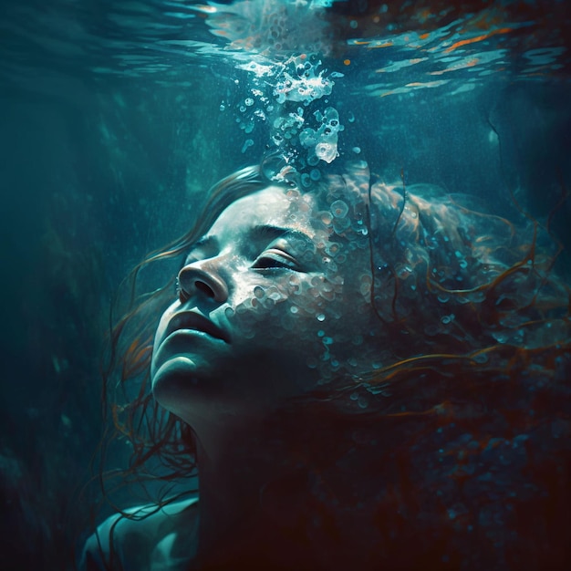 Kobieta jest pod wodą, a słowo woda jest na dole