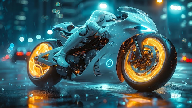 Kobieta jeżdżąca motocyklem cyborga na futurystycznej drodze Kobieta cyborga jazdząca sportowym motocyklem na drodze z kulistymi kołami Pojazd Scifi
