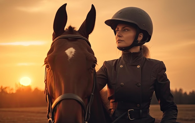 Kobieta jeźdźca w mundurze jeździ na koniu na świeżym powietrzu w słoneczny dzień profesjonalna reklama ai generowana
