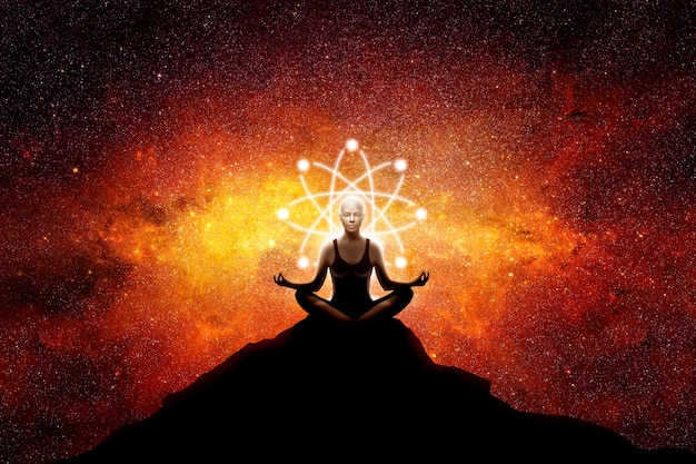 Zdjęcie kobieta jogi ze znakiem atomu