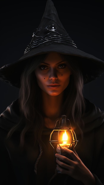 kobieta kapelusz czarownicy trzymająca latarnię twarze łowczyni pustelnik portret myśliwy generuj twarz czarna sekunda